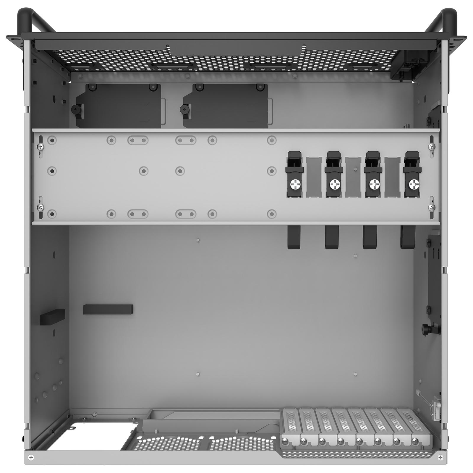 A large main feature product image of SilverStone RM4A 4U Rackmount Server Chassis w/ Enhanced Radiator Compatibility
