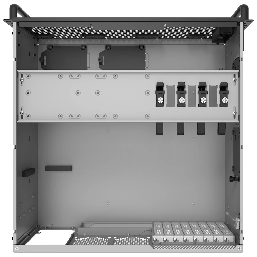 A large main feature product image of SilverStone RM4A 4U Rackmount Server Chassis w/ Enhanced Radiator Compatibility
