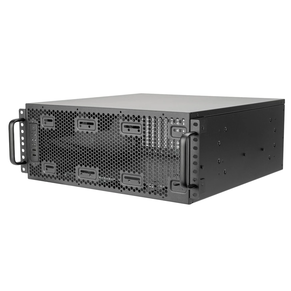 A large main feature product image of SilverStone RM4A 4U Rackmount Server Chassis w/ Enhanced Radiator Compatibility