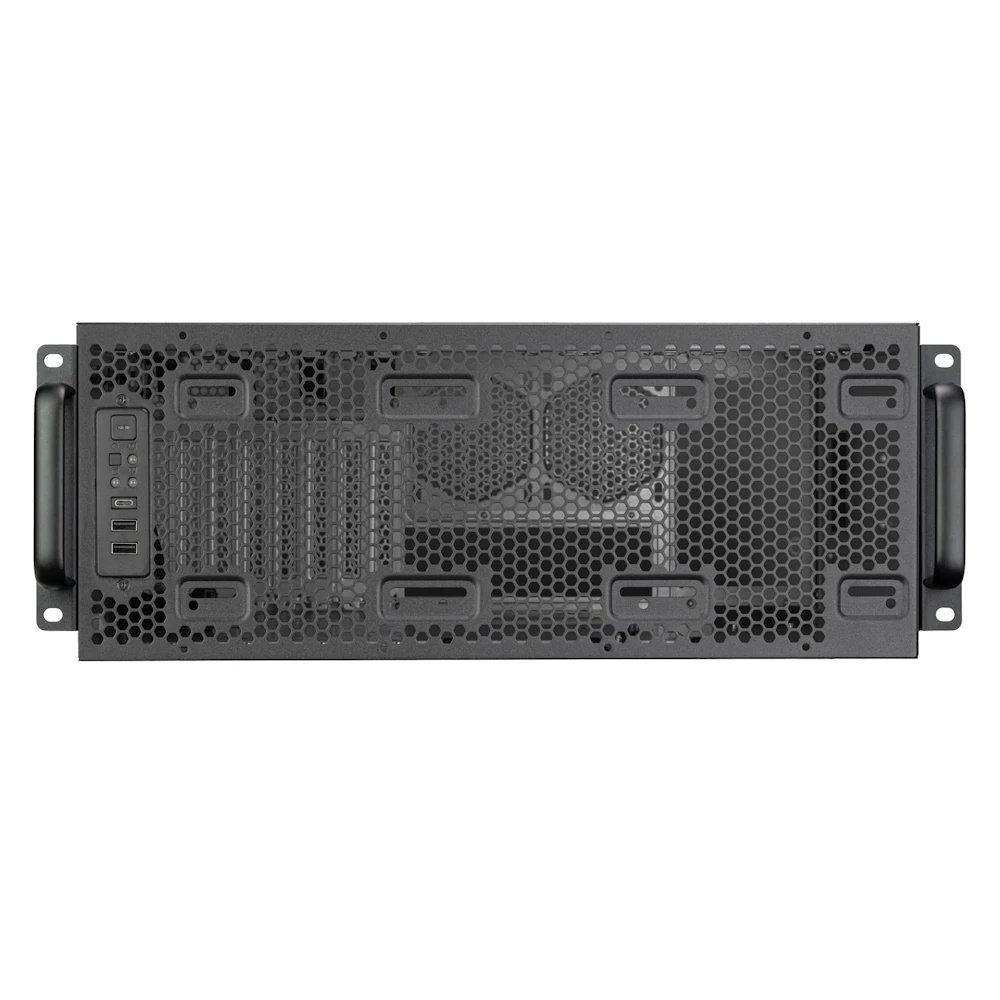 A large main feature product image of SilverStone RM4A 4U Rackmount Server Chassis w/ Enhanced Radiator Compatibility