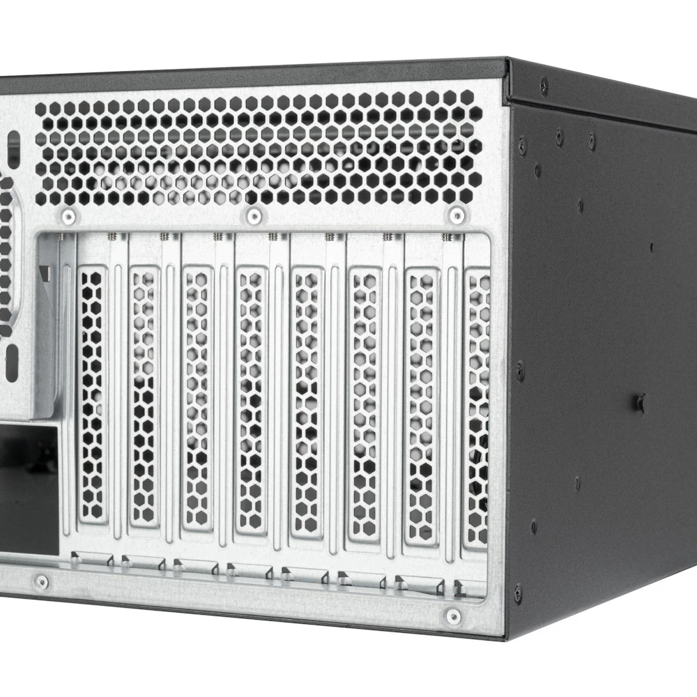A large main feature product image of SilverStone RM4A 4U Rackmount Server Chassis w/ Enhanced Radiator Compatibility