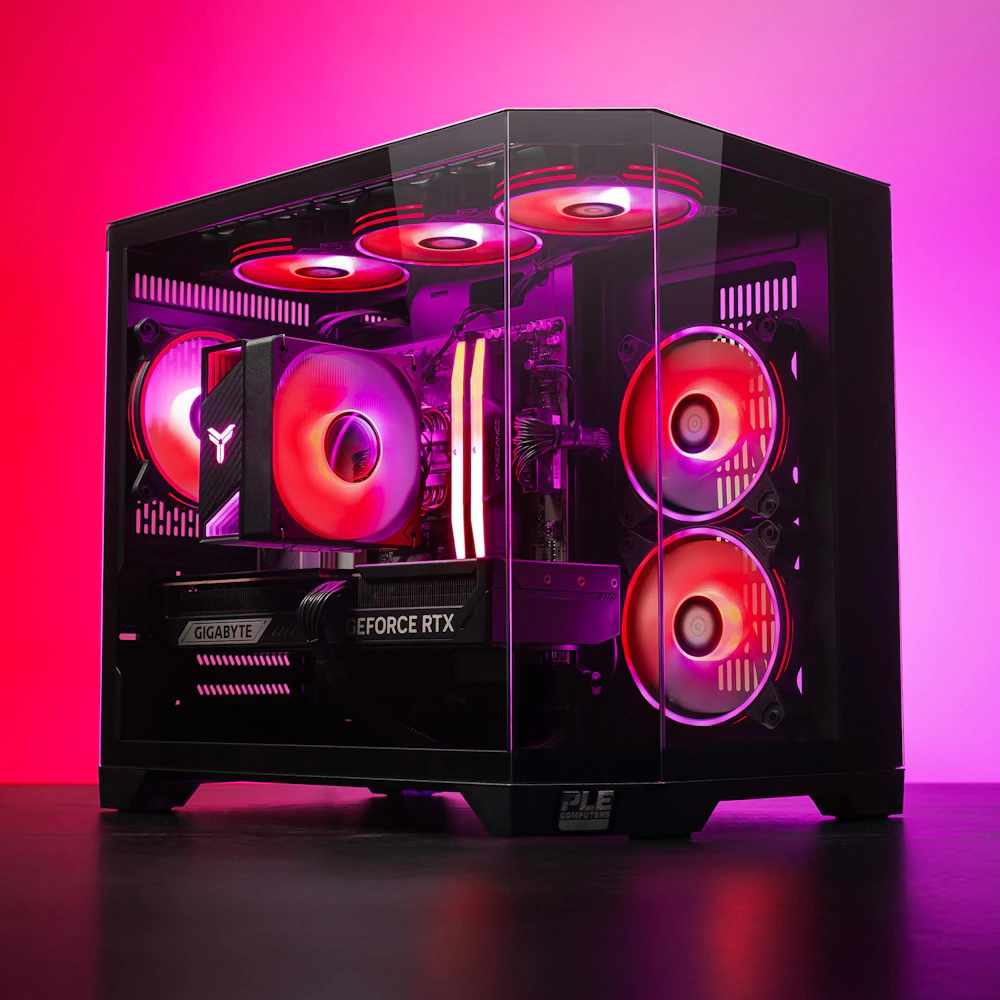 A large main feature product image of EX-DEMO PLE Ruby RTX 5070 Ti Prebuilt Ready To Go Gaming PC