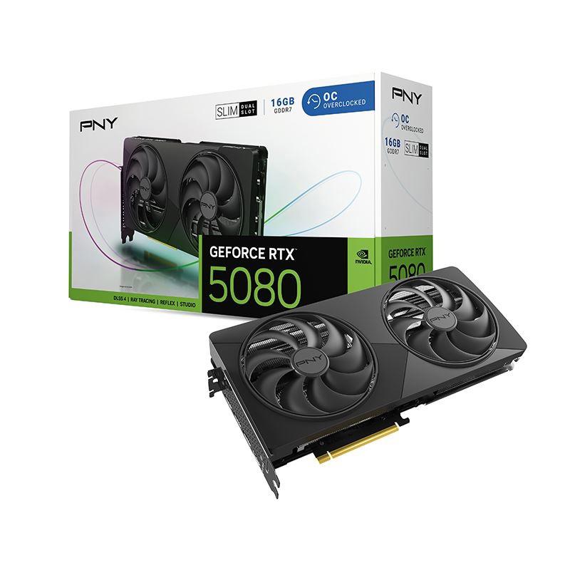 A large main feature product image of PNY GeForce RTX 5080 Dual Fan Slim OC 16GB GDDR7