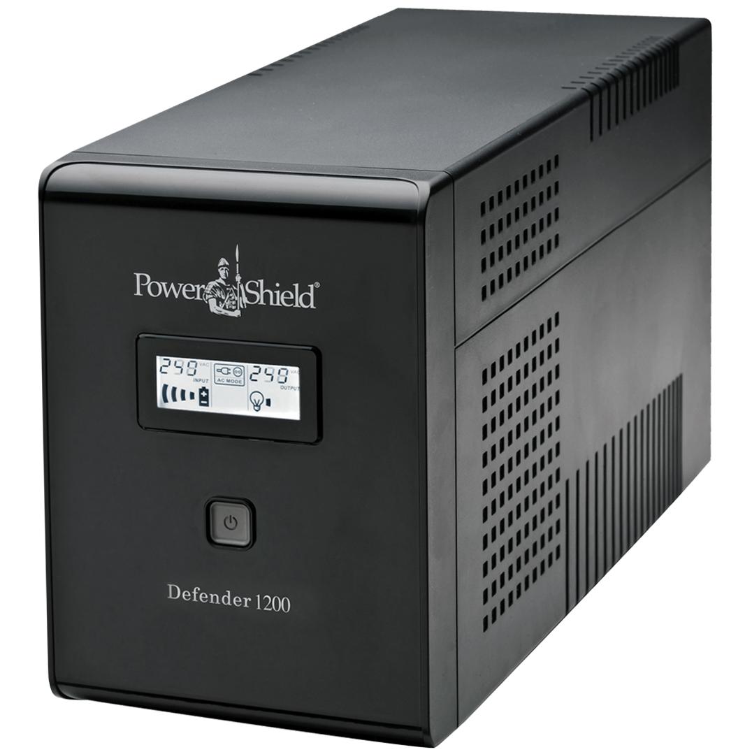 A large main feature product image of EX-DEMO PowerShield Defender 1.2KVA - LCD AVR Line Interactive UPS