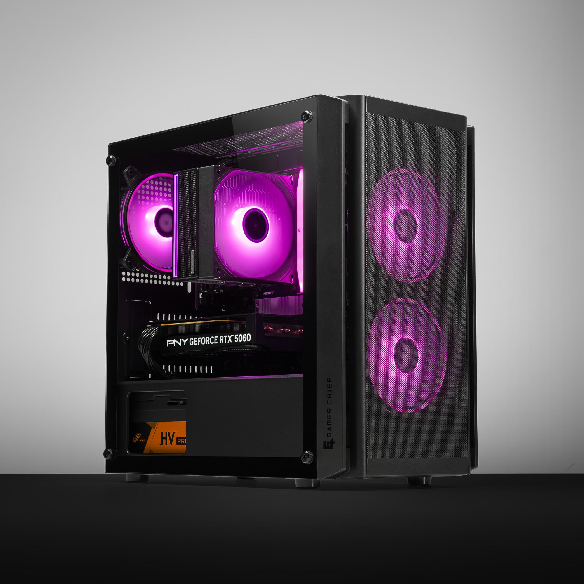 A large main feature product image of PLE Flow RTX 5060 Prebuilt Ready To Go Gaming PC