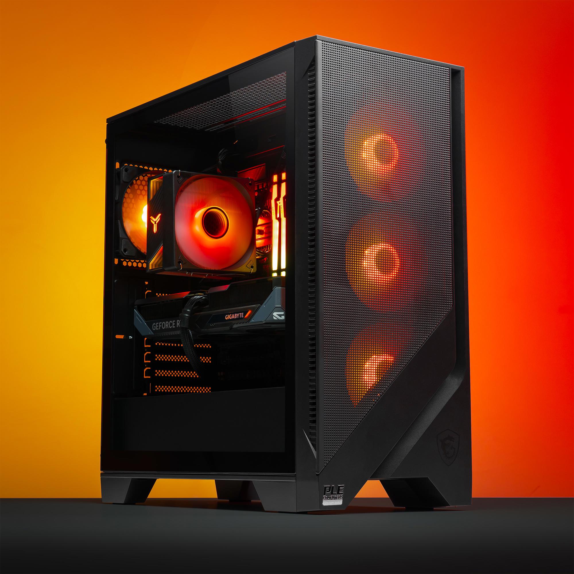 A large main feature product image of PLE Flame RTX 5070 Prebuilt Ready To Go Gaming PC
