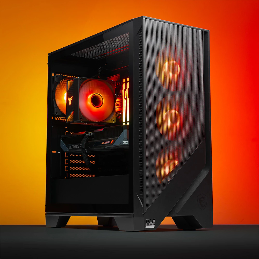 A large main feature product image of PLE Flame RTX 5070 Prebuilt Ready To Go Gaming PC
