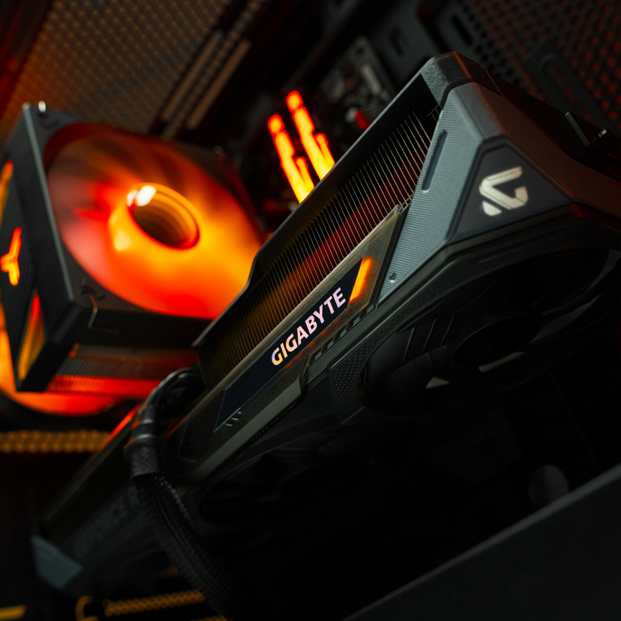 A large main feature product image of PLE Flame RTX 5070 Prebuilt Ready To Go Gaming PC