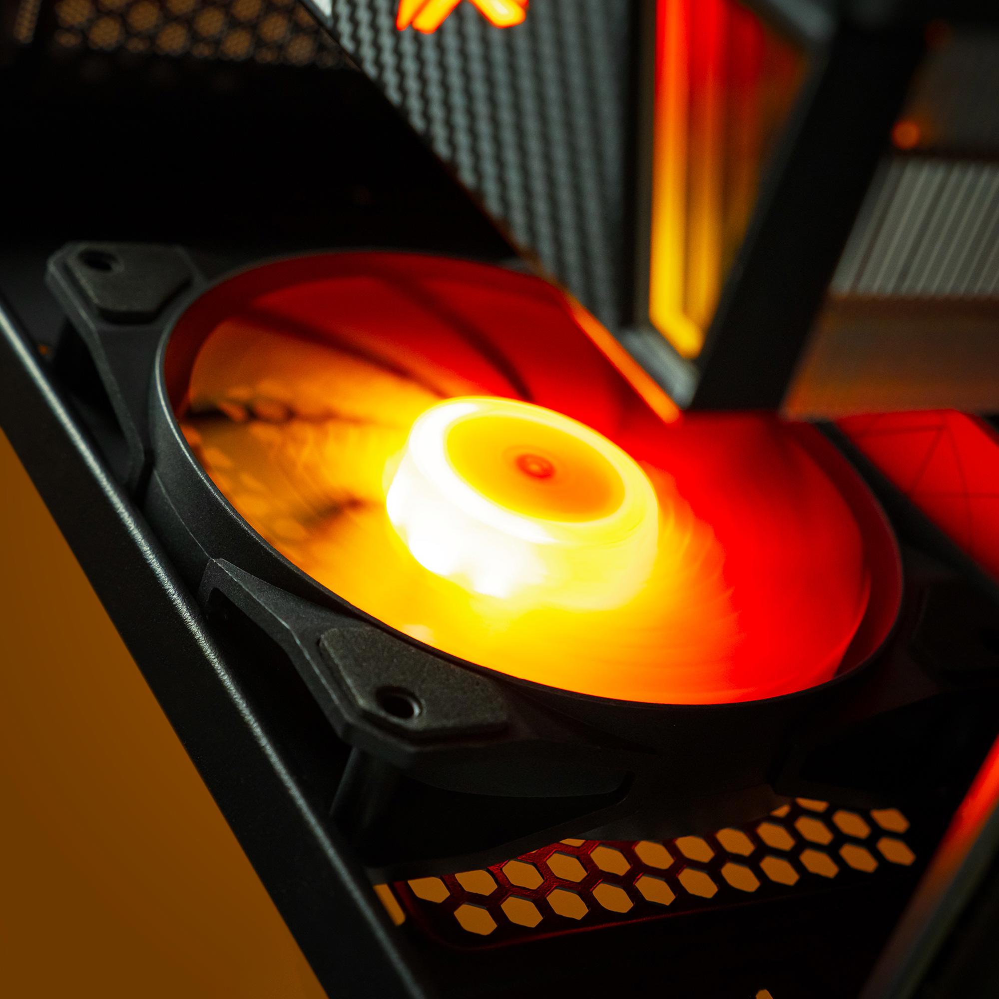 A large main feature product image of PLE Flame RTX 5070 Prebuilt Ready To Go Gaming PC