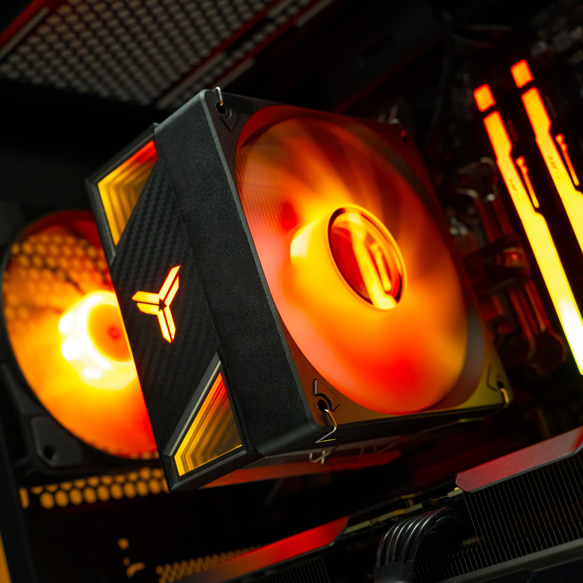 A large main feature product image of PLE Flame RTX 5070 Prebuilt Ready To Go Gaming PC