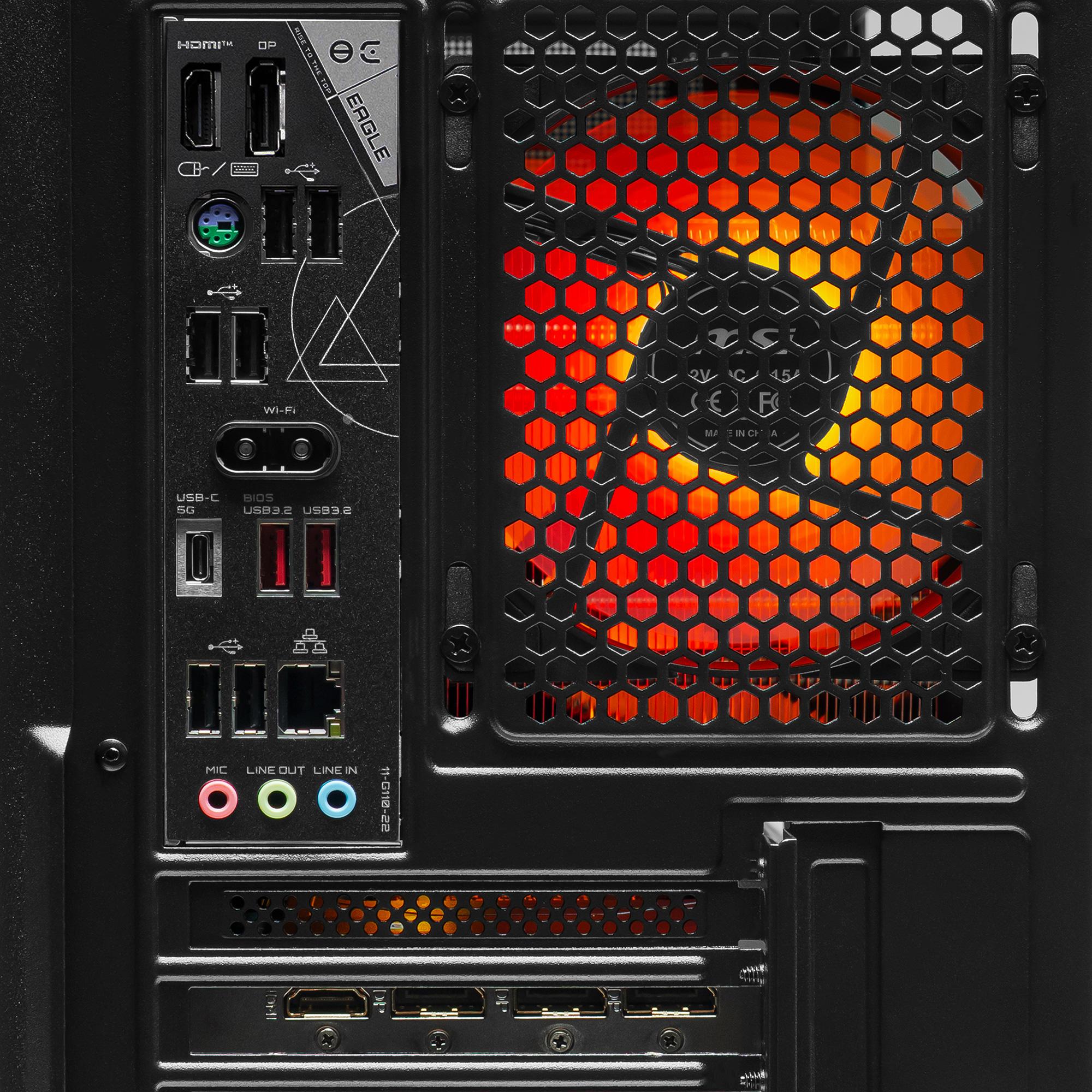 A large main feature product image of PLE Flame RTX 5070 Prebuilt Ready To Go Gaming PC