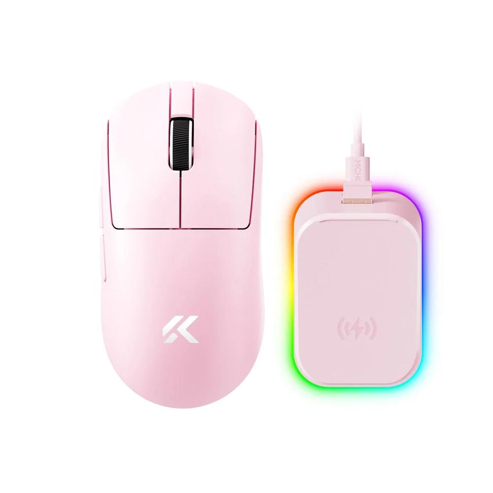 A large main feature product image of MCHOSE A7 V2 Ultra+ Lightweight 8K Wireless Gaming Mouse with Magnetic Charging Dock - Pink