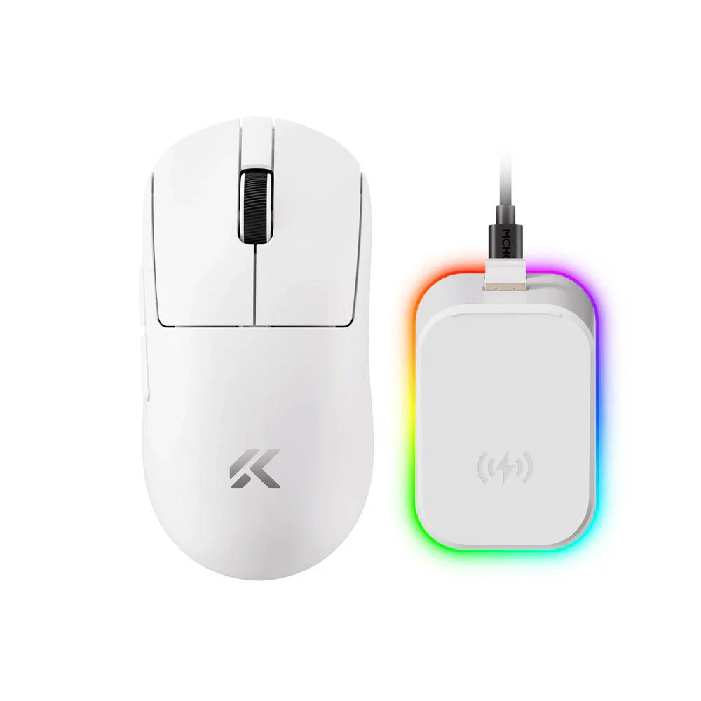 A large main feature product image of MCHOSE A7 V2 Ultra+ Lightweight 8K Wireless Gaming Mouse with Magnetic Charging Dock - White