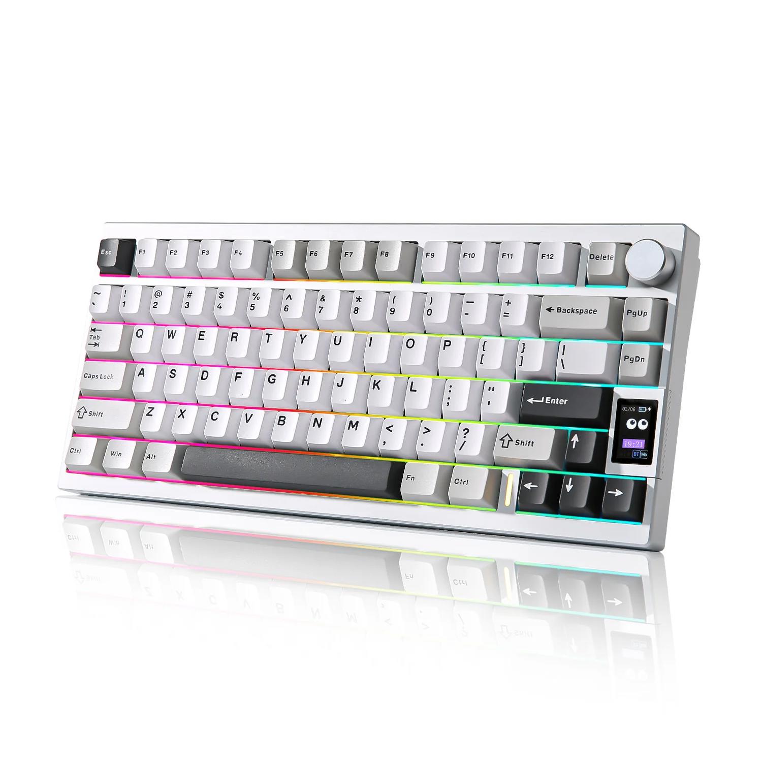 A large main feature product image of YUNZII AL80 QMK Aluminum Wireless Mechanical Keyboard with LCD Screen - Silver (Cocoa Cream V2 Switch)