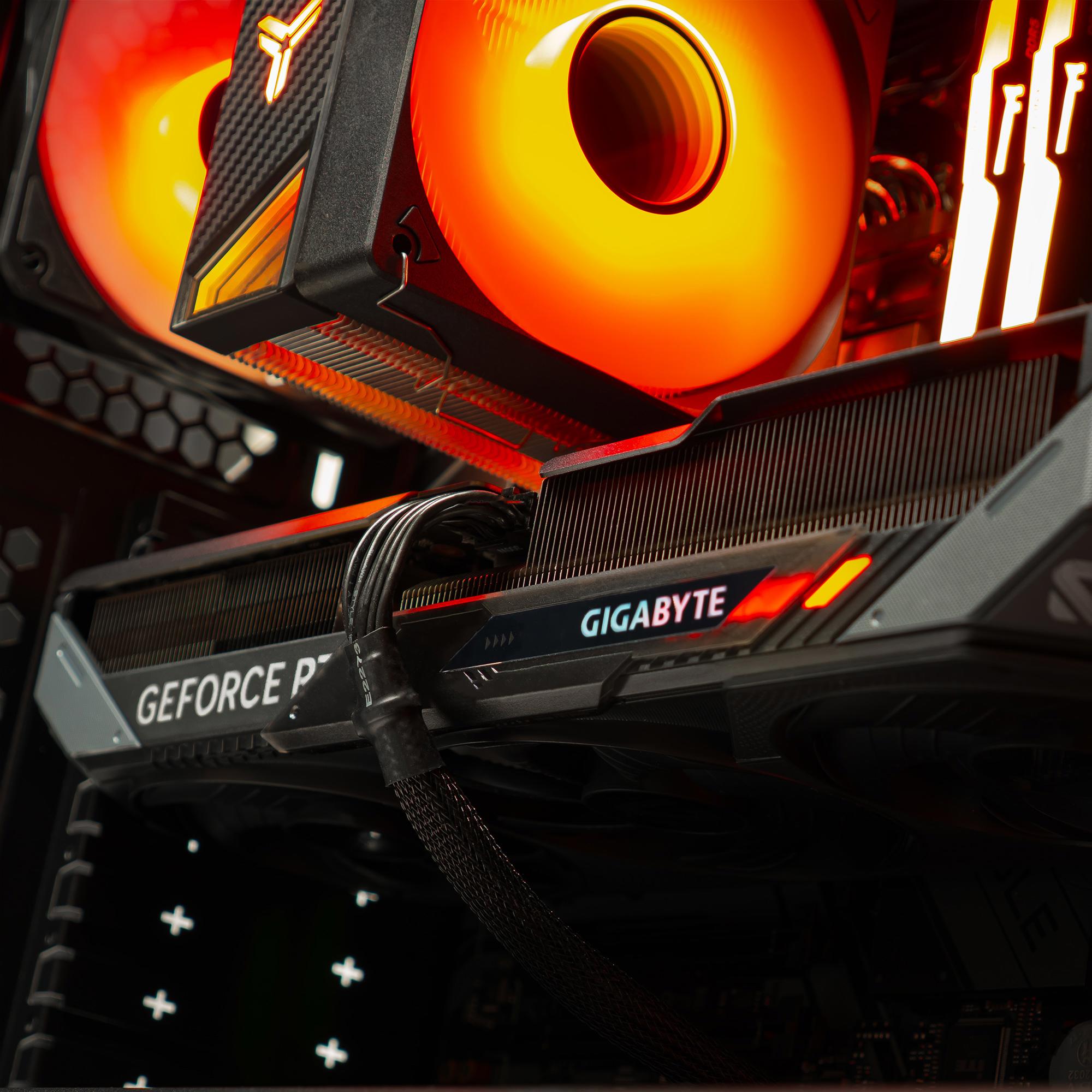 A large main feature product image of EX-DEMO PLE Flame RTX 5070 Prebuilt Ready To Go Gaming PC