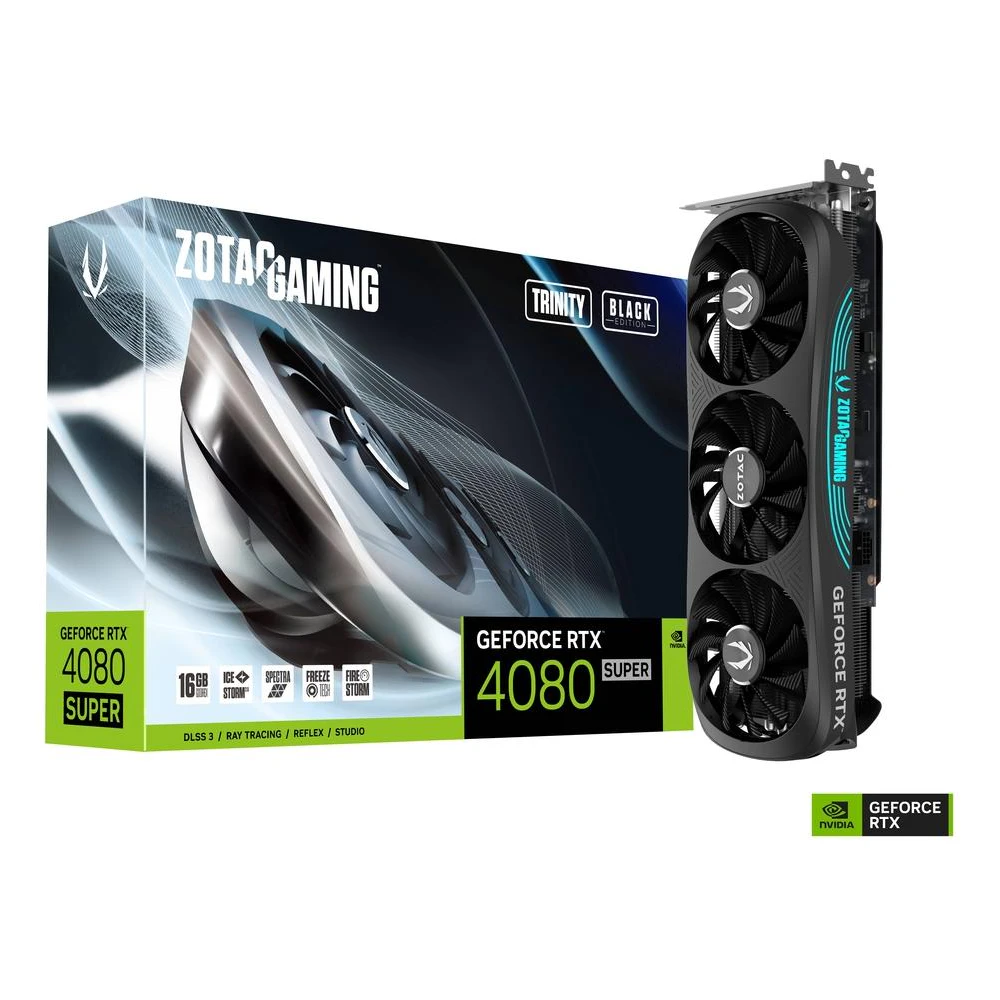 A large main feature product image of EX-DEMO ZOTAC GAMING GeForce RTX 4080 SUPER Trinity Black 16GB GDDR6X