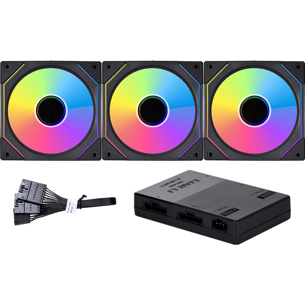A large main feature product image of EX-DEMO Lian Li UNI FAN SL120 Infinity - 120mm Modular Fan 3-Pack w/ Controller (Black)