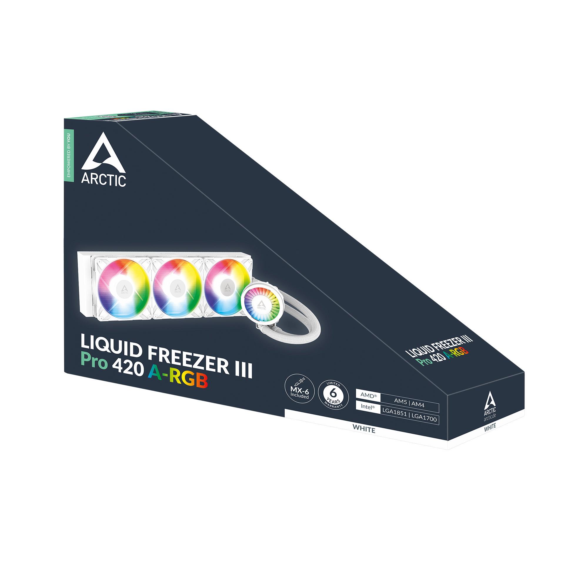 A large main feature product image of EX-DEMO ARCTIC Liquid Freezer III Pro 420mm ARGB AIO Liquid CPU Cooler (White)