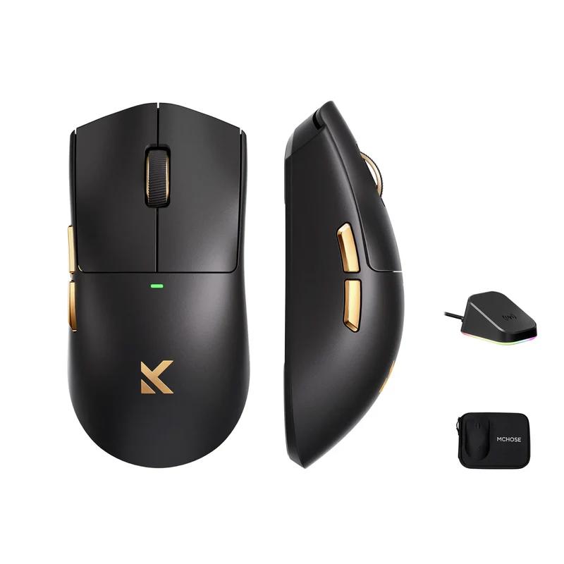 A large main feature product image of MCHOSE K7 Ultra 8K Lightweight Wireless Gaming Mouse with Charging Dock and Carry Case - Black Gold