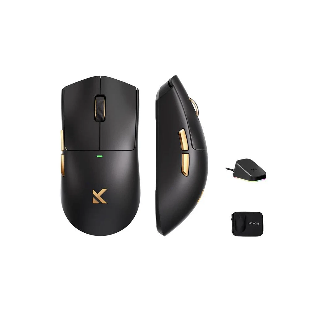 A large main feature product image of MCHOSE K7 Ultra 8K Lightweight Wireless Gaming Mouse with Charging Dock and Carry Case - Black Gold