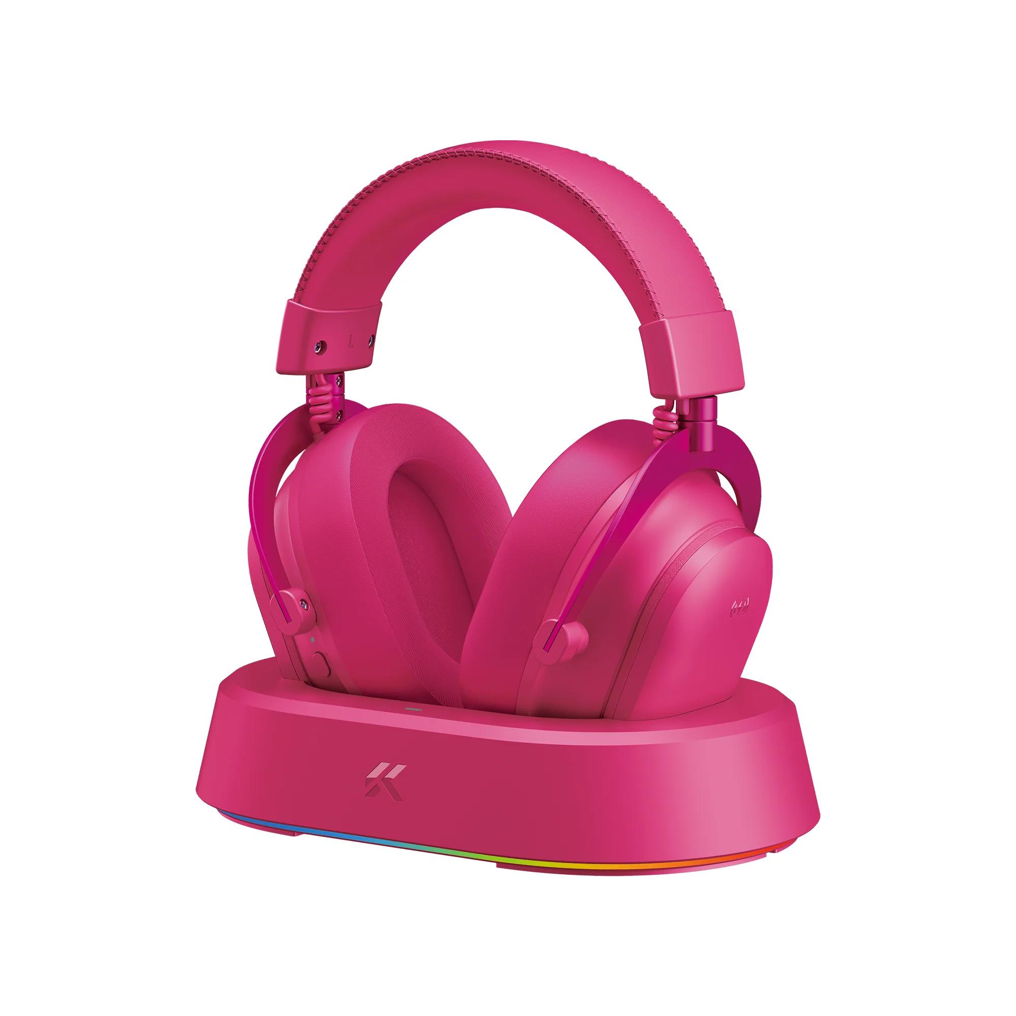 A large main feature product image of MCHOSE V9 Turbo+ Wireless RGB Gaming Headset with Magnetic Charging Station - Berry Red