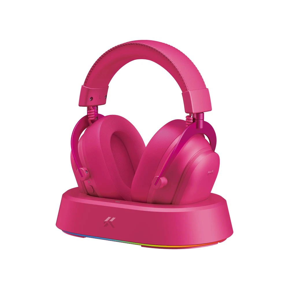 A large main feature product image of MCHOSE V9 Turbo+ Wireless RGB Gaming Headset with Magnetic Charging Station - Berry Red