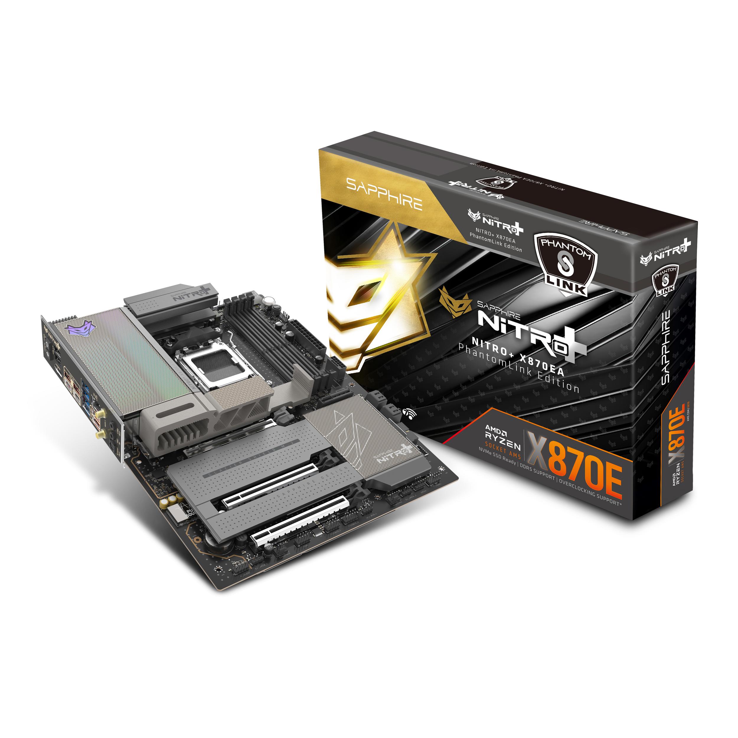 A large main feature product image of SAPPHIRE NITRO+ X870EA WiFi7 AM5 ATX Desktop Motherboard