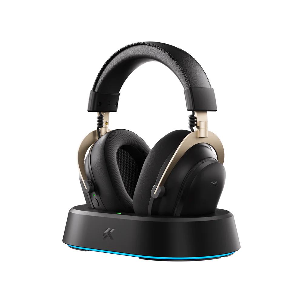 A large main feature product image of MCHOSE V9 Turbo+ Wireless RGB Gaming Headset with Magnetic Charging Station - Black Gold