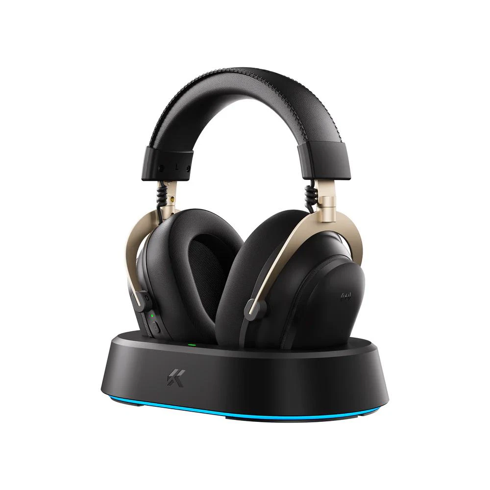 A large main feature product image of MCHOSE V9 Turbo+ Wireless RGB Gaming Headset with Magnetic Charging Station - Black Gold