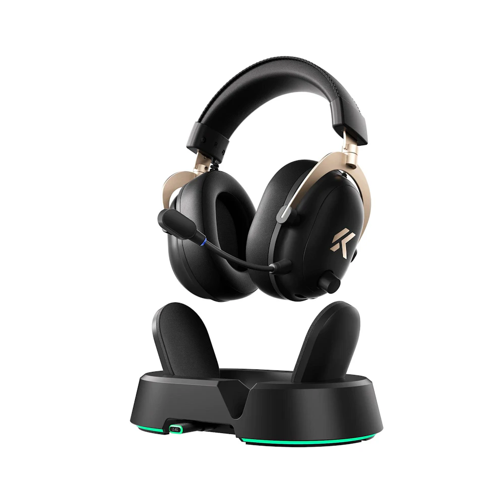 A large main feature product image of MCHOSE V9 Turbo+ Wireless RGB Gaming Headset with Magnetic Charging Station - Black Gold