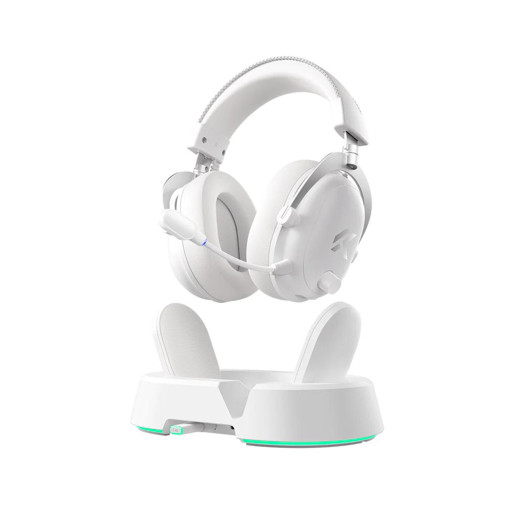 A large main feature product image of MCHOSE V9 Turbo+ Wireless RGB Gaming Headset with Magnetic Charging Station - Icy White