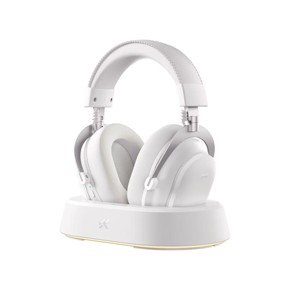A large main feature product image of MCHOSE V9 Turbo+ Wireless RGB Gaming Headset with Magnetic Charging Station - Icy White