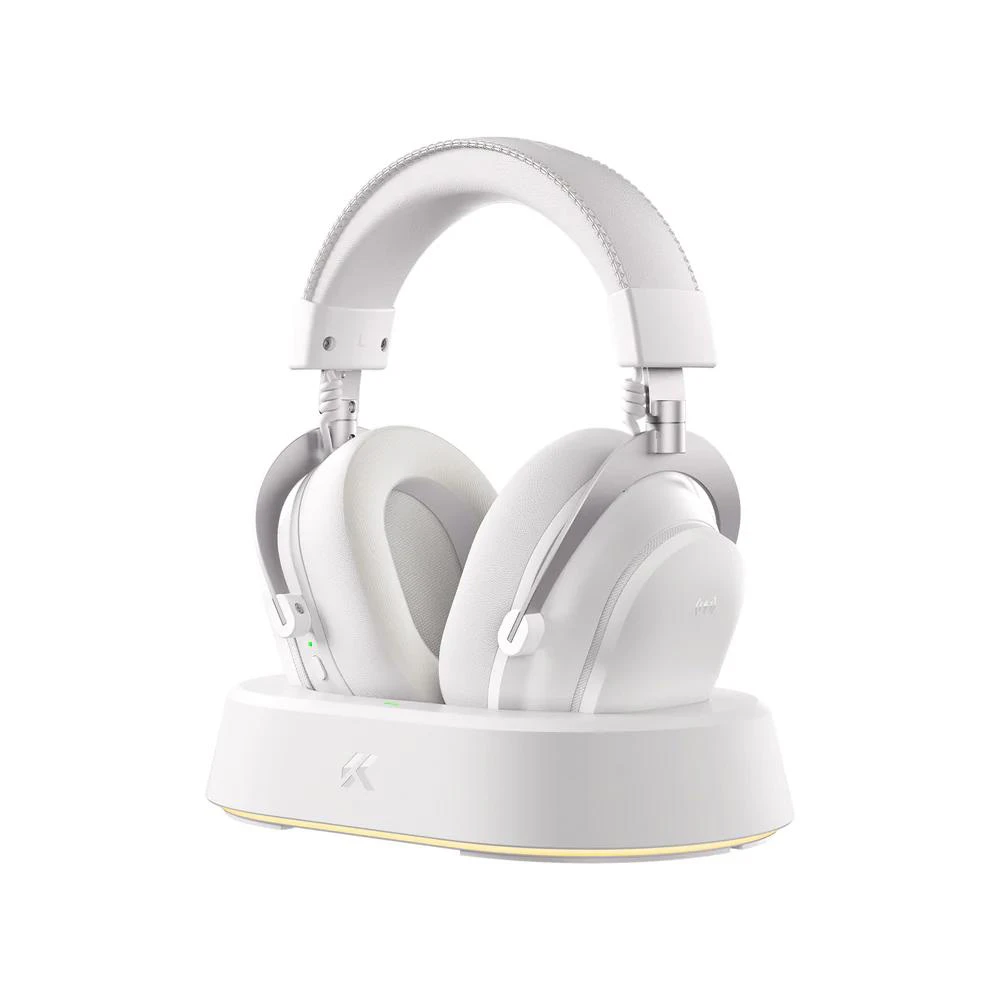 A large main feature product image of MCHOSE V9 Turbo+ Wireless RGB Gaming Headset with Magnetic Charging Station - Icy White