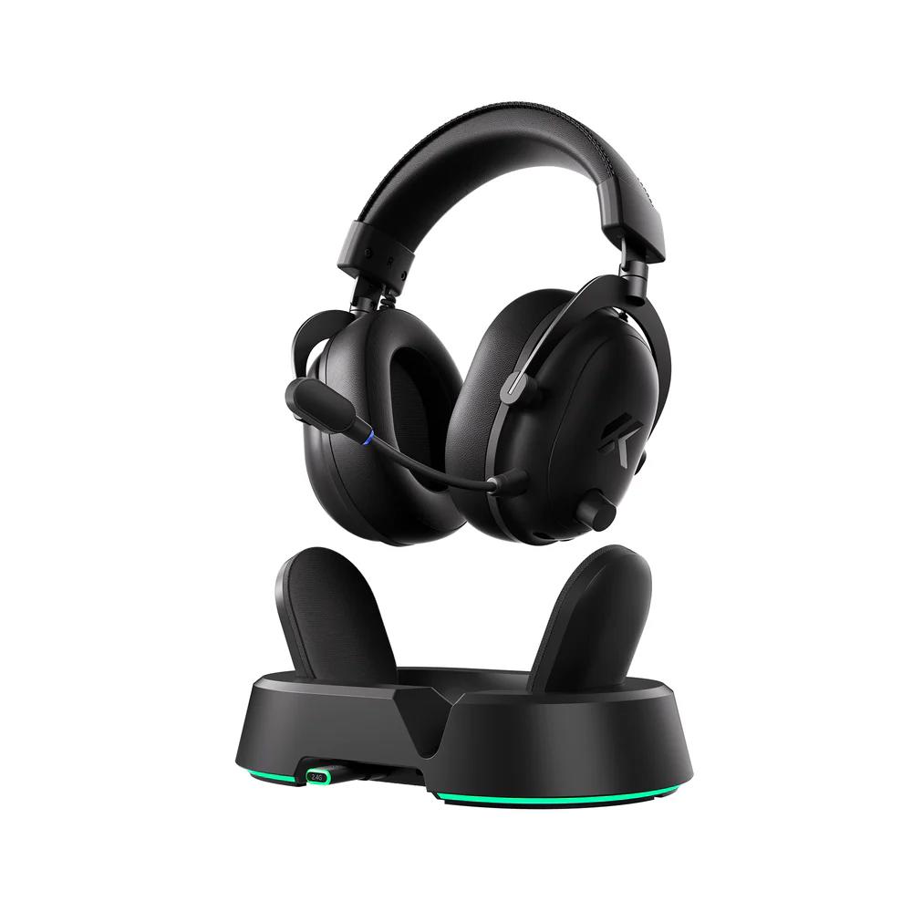 A large main feature product image of MCHOSE V9 Turbo+ Wireless RGB Gaming Headset with Magnetic Charging Station - Steel Black