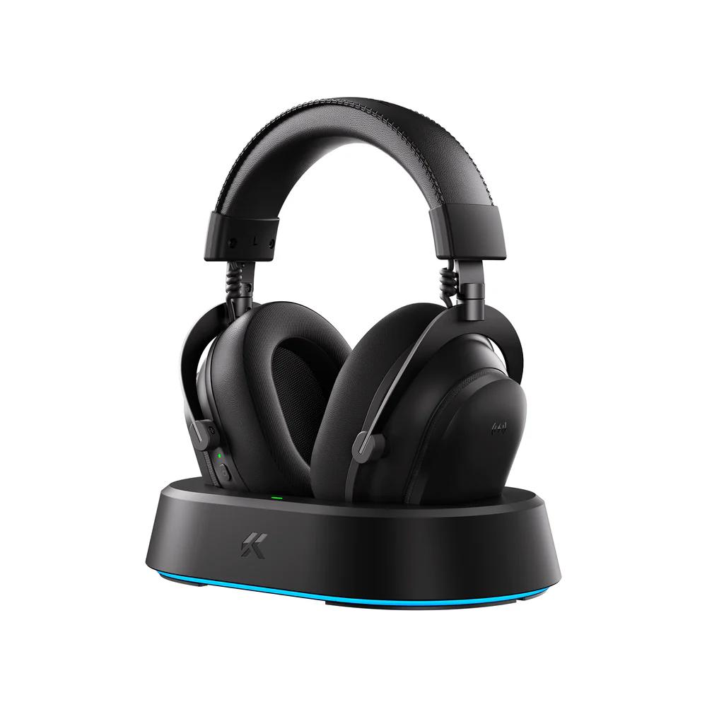 A large main feature product image of MCHOSE V9 Turbo+ Wireless RGB Gaming Headset with Magnetic Charging Station - Steel Black