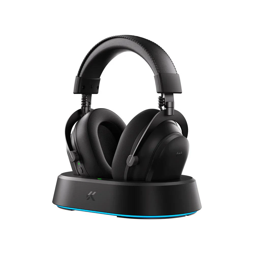 A large main feature product image of MCHOSE V9 Turbo+ Wireless RGB Gaming Headset with Magnetic Charging Station - Steel Black