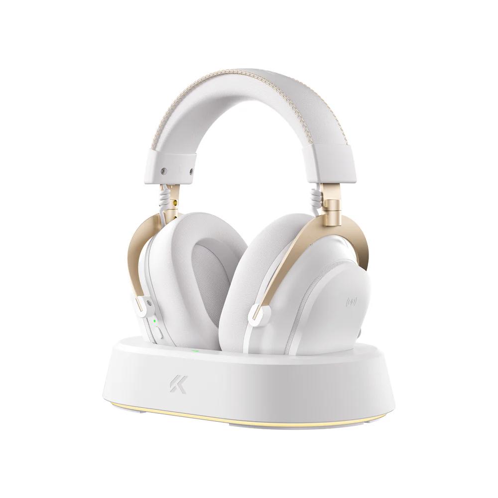 A large main feature product image of MCHOSE V9 Turbo+ Wireless RGB Gaming Headset with Magnetic Charging Station - White Gold