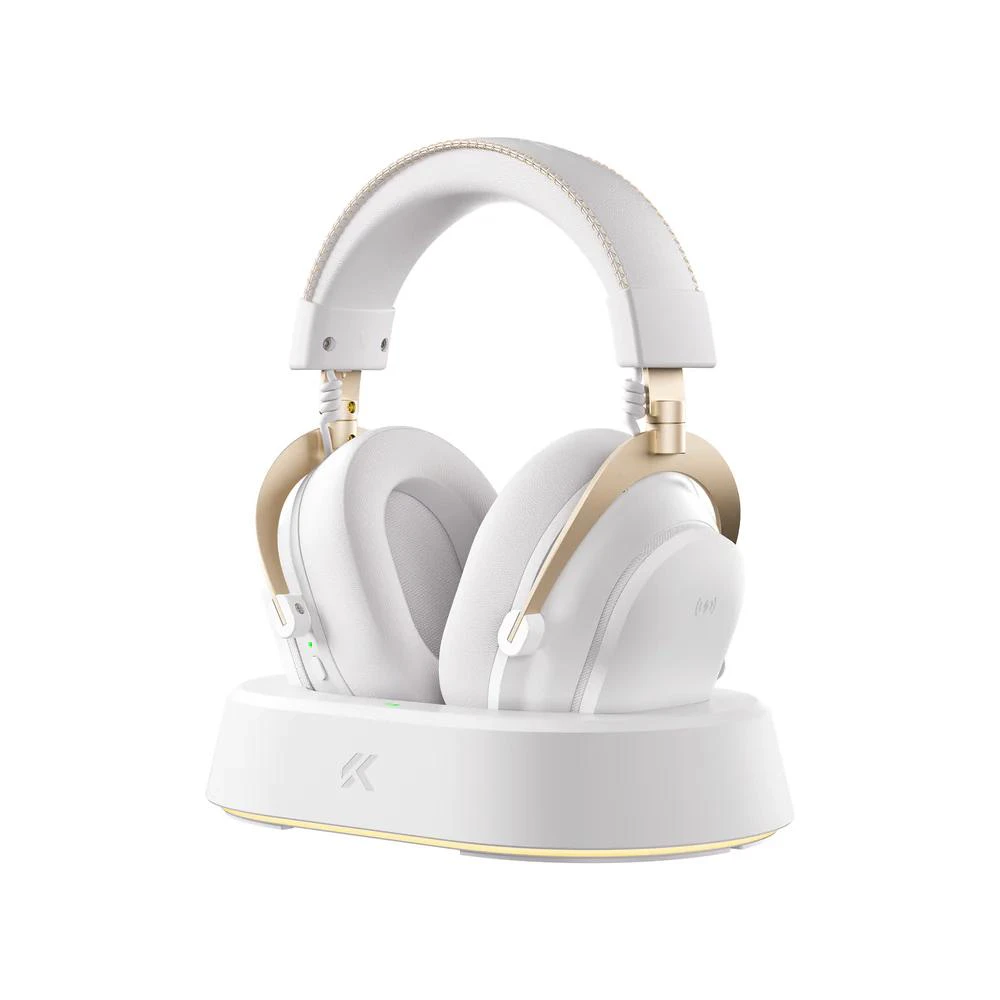 A large main feature product image of MCHOSE V9 Turbo+ Wireless RGB Gaming Headset with Magnetic Charging Station - White Gold