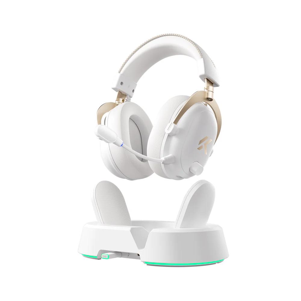 A large main feature product image of MCHOSE V9 Turbo+ Wireless RGB Gaming Headset with Magnetic Charging Station - White Gold