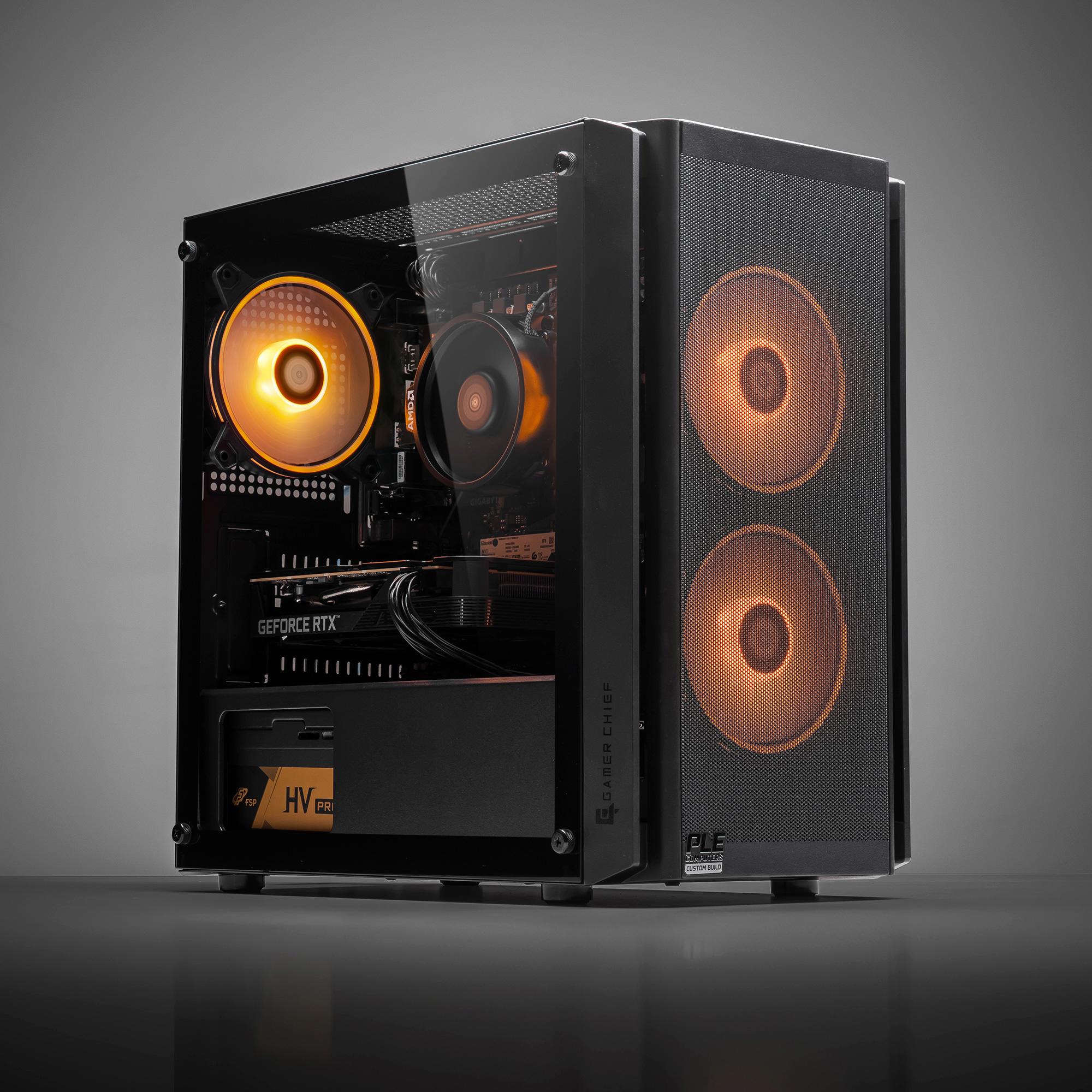 A large main feature product image of PLE Amber RTX 5050 Prebuilt Ready To Go Gaming PC