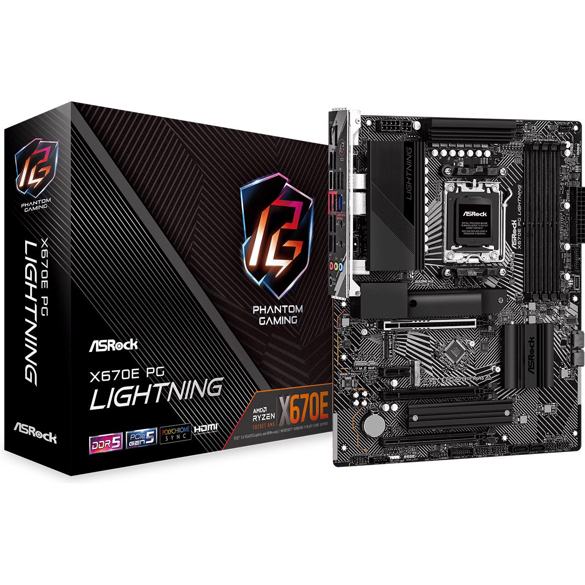 A large main feature product image of EX-DEMO ASRock X670E PG Lightning AM5 ATX Desktop Motherboard