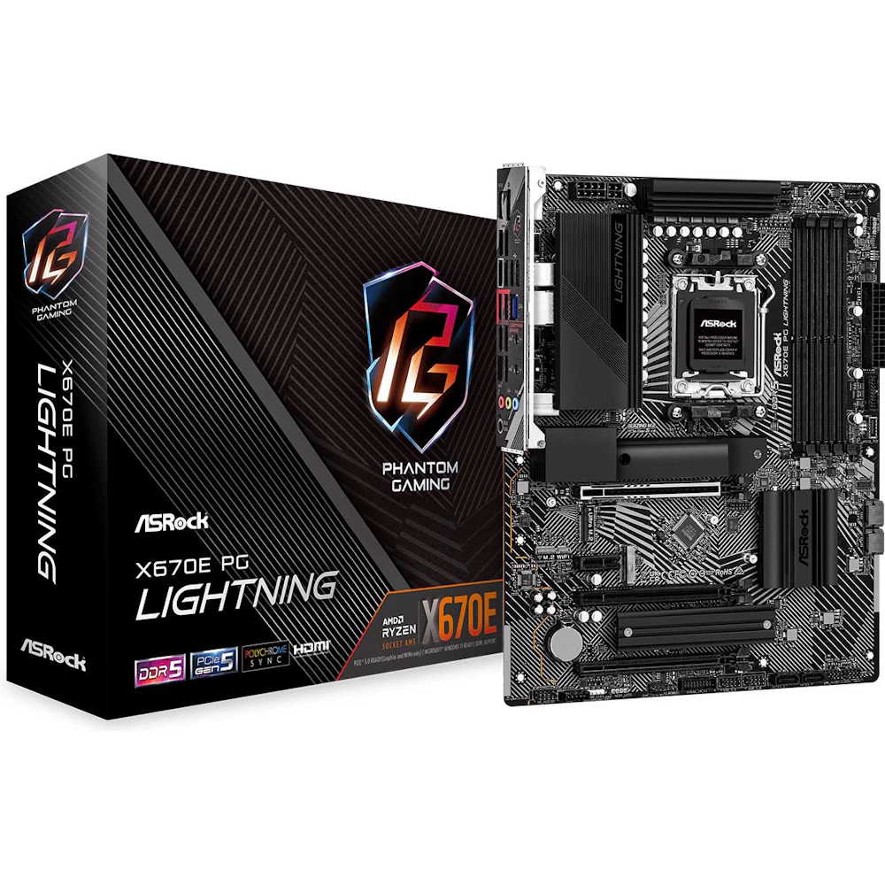 A large main feature product image of EX-DEMO ASRock X670E PG Lightning AM5 ATX Desktop Motherboard