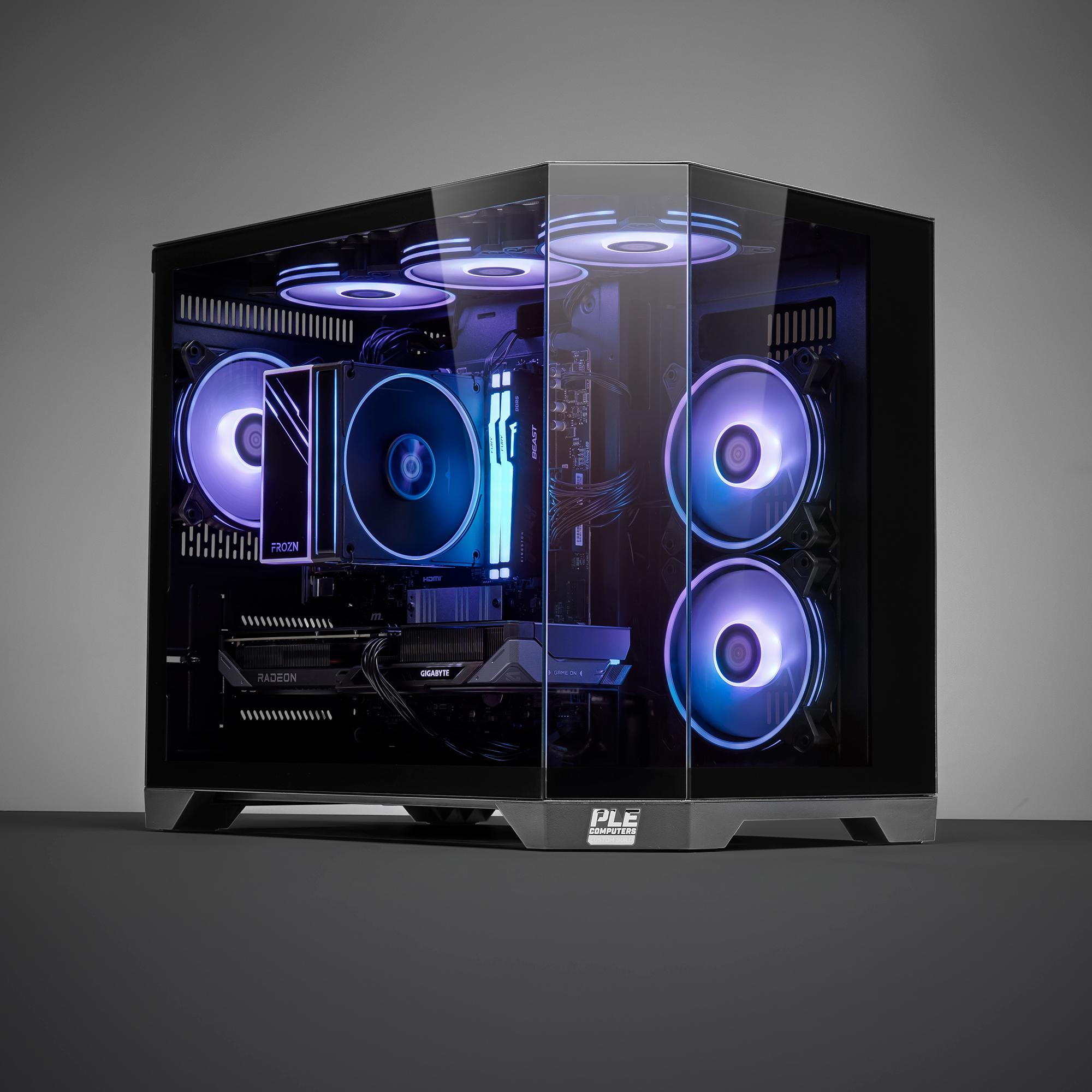 A large main feature product image of PLE Orbit RX 9060 XT Prebuilt Ready To Go Gaming PC