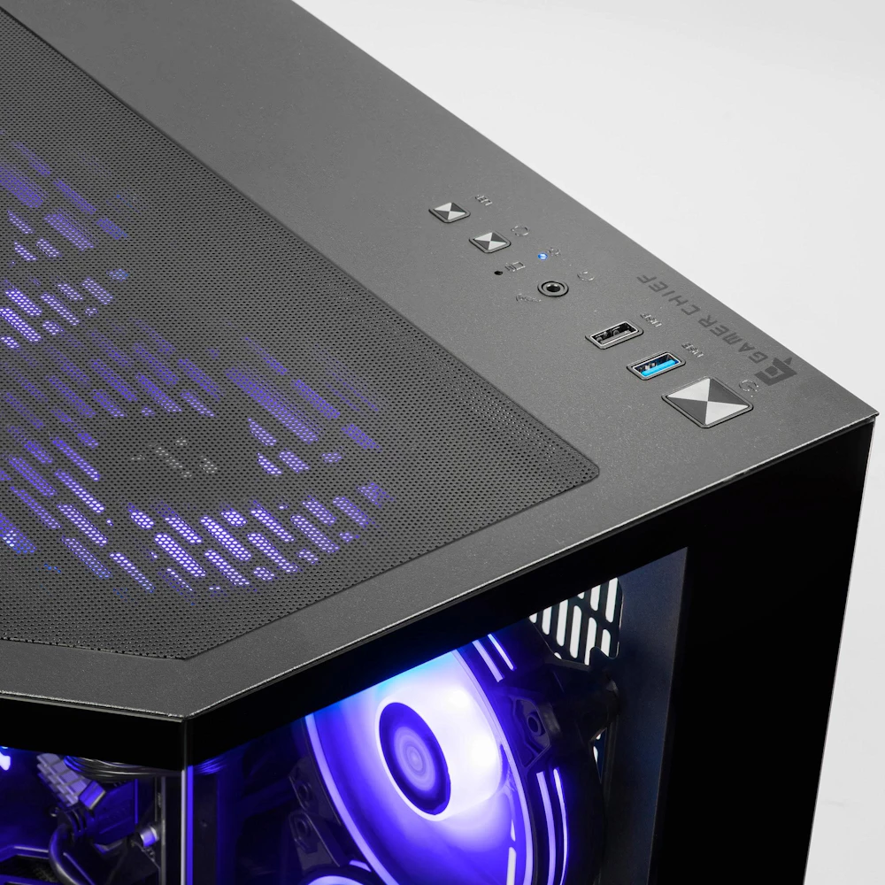 A large main feature product image of PLE Orbit RX 9060 XT Prebuilt Ready To Go Gaming PC