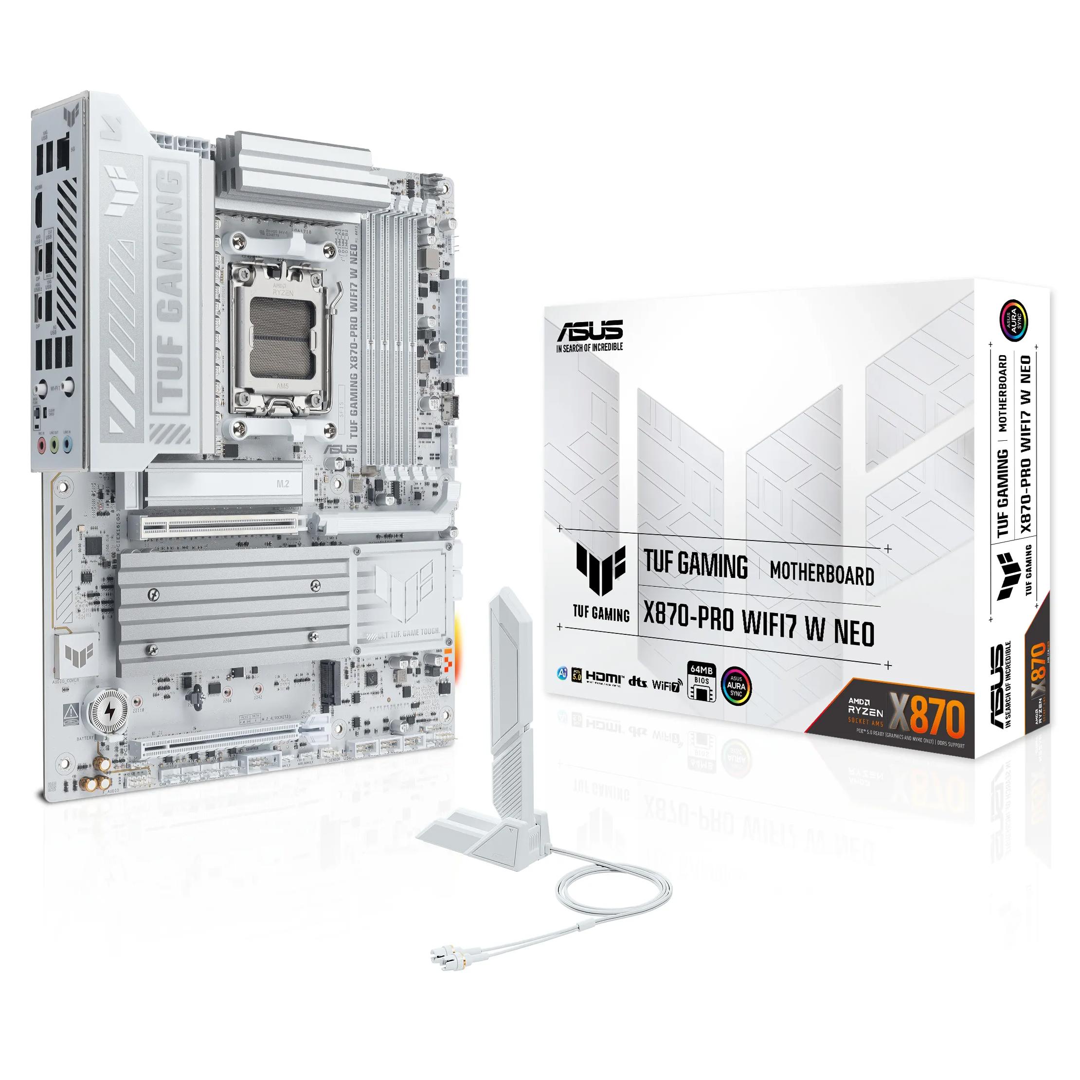 A large main feature product image of ASUS TUF Gaming X870-PRO WiFi7 W Neo AM5 ATX Desktop Motherboard