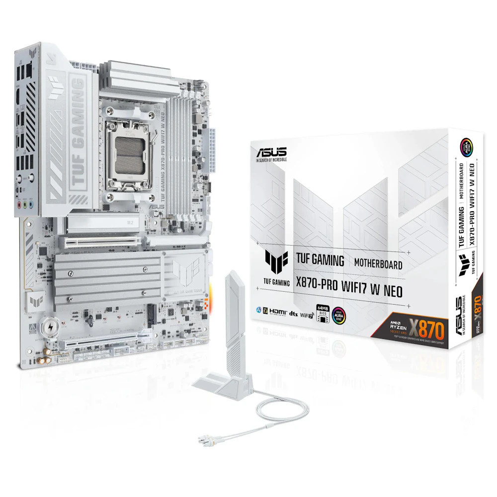 A large main feature product image of ASUS TUF Gaming X870-PRO WiFi7 W Neo AM5 ATX Desktop Motherboard