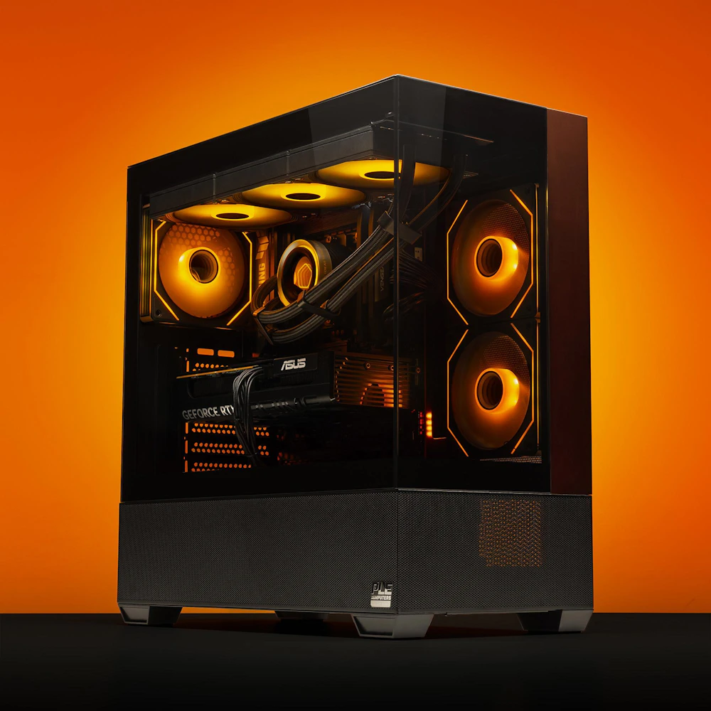 A large main feature product image of PLE Pyro RTX 5060 Prebuilt Ready To Go Gaming PC