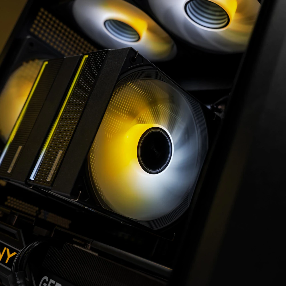 A large main feature product image of PLE Flare RTX 5080 Prebuilt Ready To Go Gaming PC