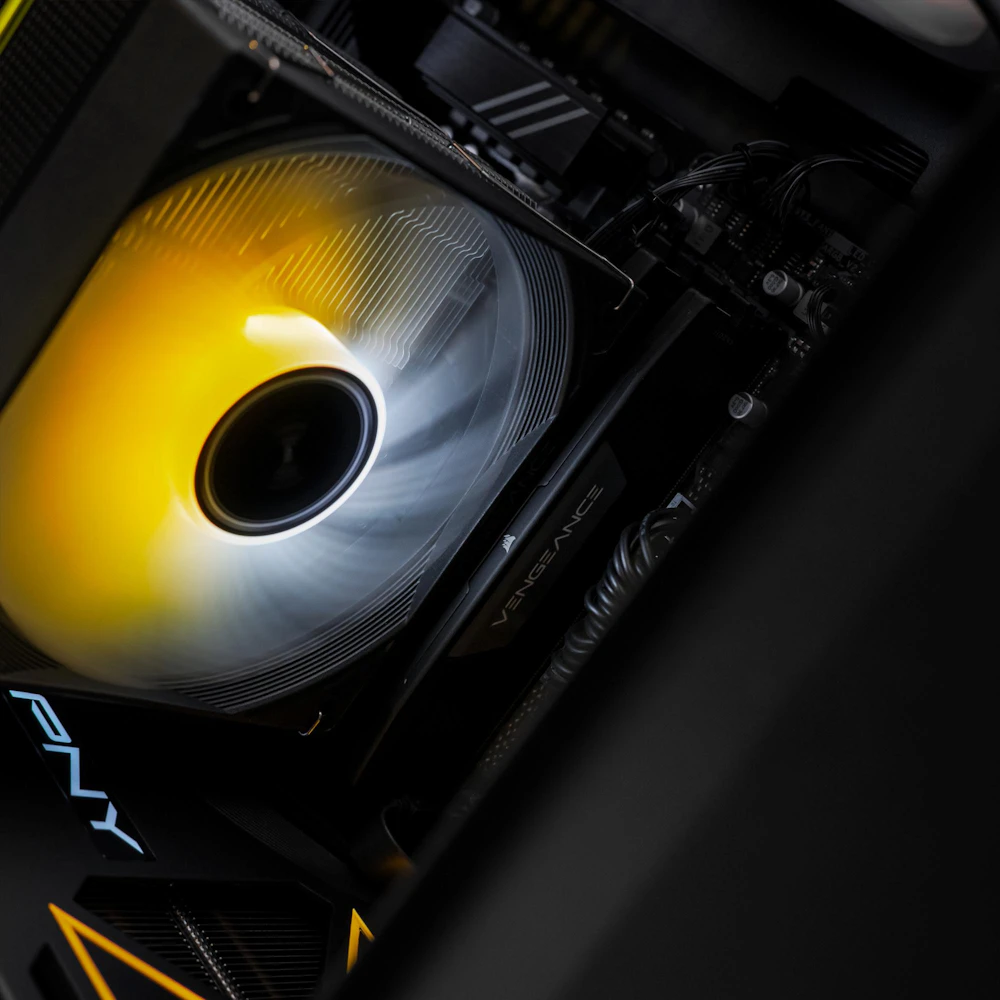 A large main feature product image of PLE Flare RTX 5080 Prebuilt Ready To Go Gaming PC