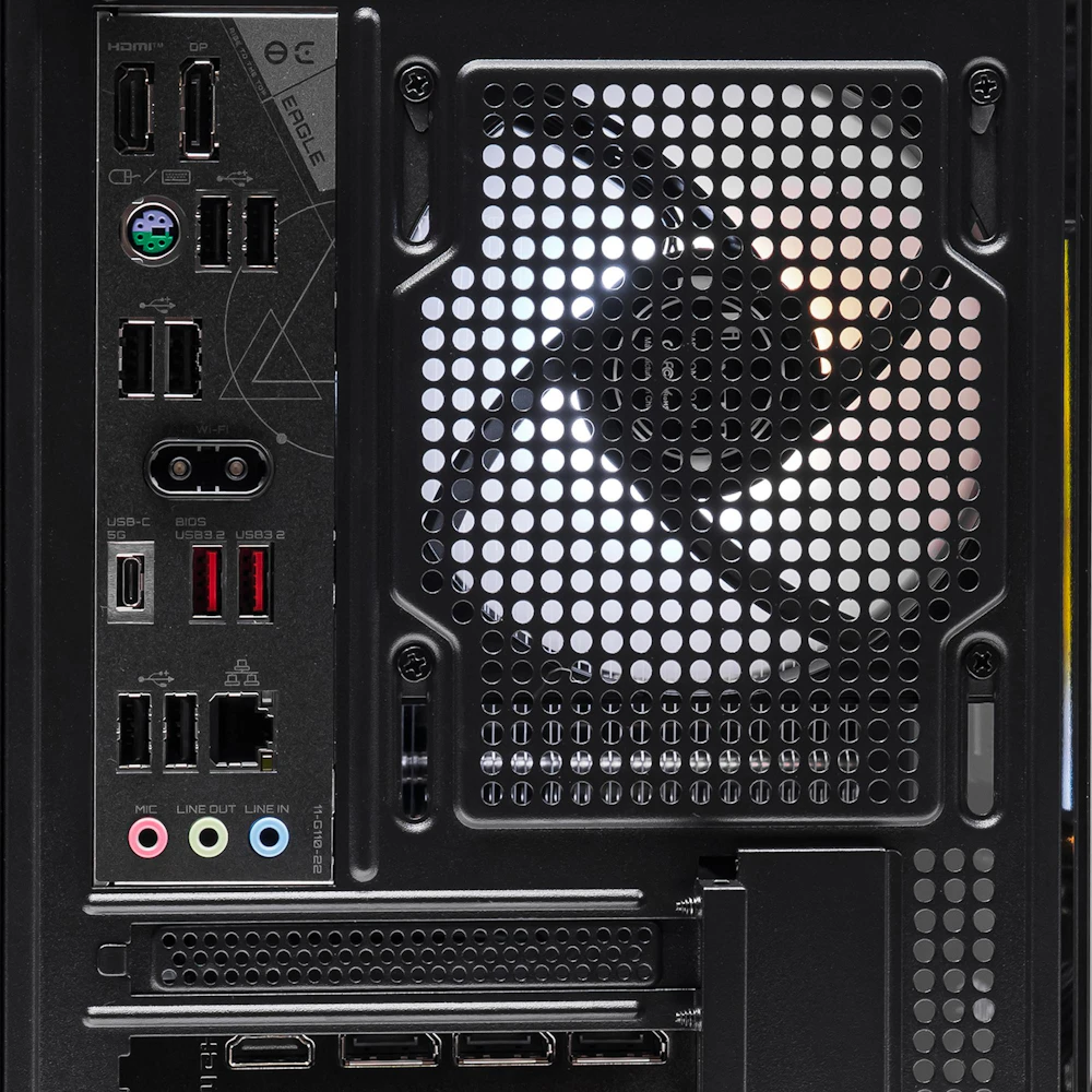 A large main feature product image of PLE Flare RTX 5080 Prebuilt Ready To Go Gaming PC